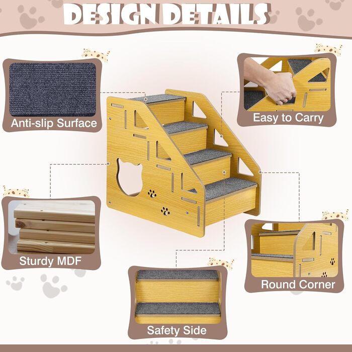 Сходинки для собак: дерев'яна драбинка для маленьких і середніх собак, 4 сходинки, 38.1 см, для ліжка/дивану