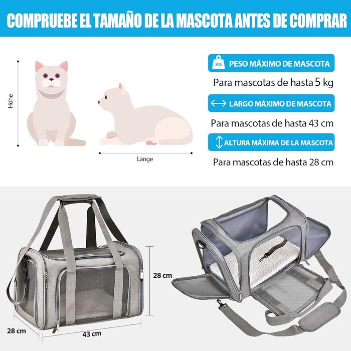 Транспортна сумка для кота/собаки TOFFCAEA, переноска для тварин, складана, сіра, 43 x 28 x 28 см, до 5 кг