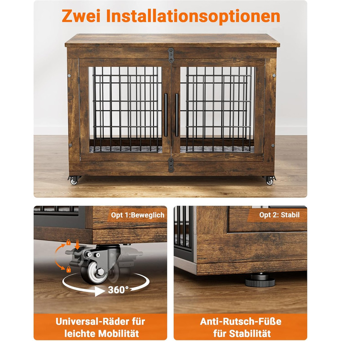 Кіяпа - Будка для собак у дім з подушкою, сучасна будка для собак з двома дверцятами та колесами, для великих собак до 70 кг, 98x64x68 см, (Рустичний коричневий, L)