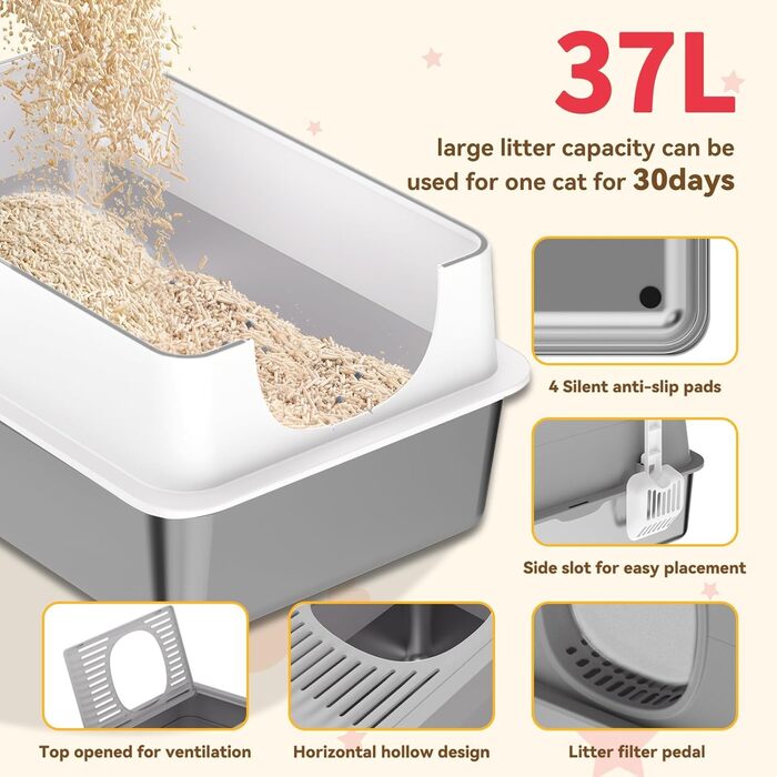 Набір для туалету котів з нержавіючої сталі з кришкою, великий, для великих котів, з совочком та килимком (білий)