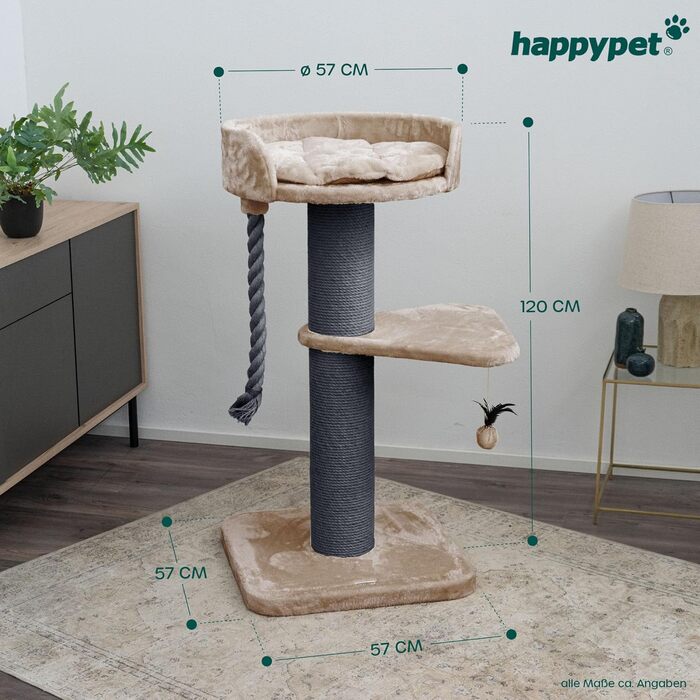 Дерево для котів HAPPYPET Felix 120 см, стійке, для великих порід, товсті стовпи 18 см, натуральний сизаль