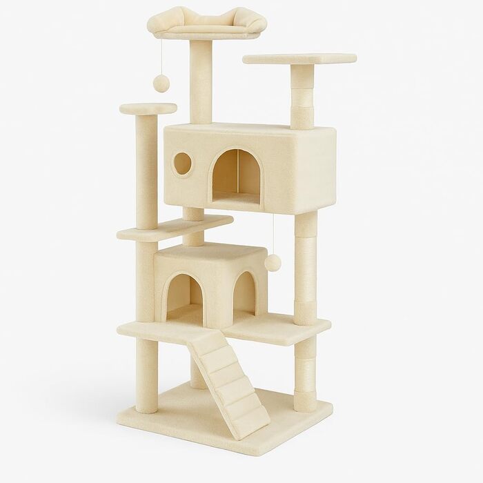 Дерев'яний комплекс для котів DUMOS з годівницею, 135 см, з сизалю, кігтеточка, ігровий центр для котів будь-якого віку (бежево-білий)