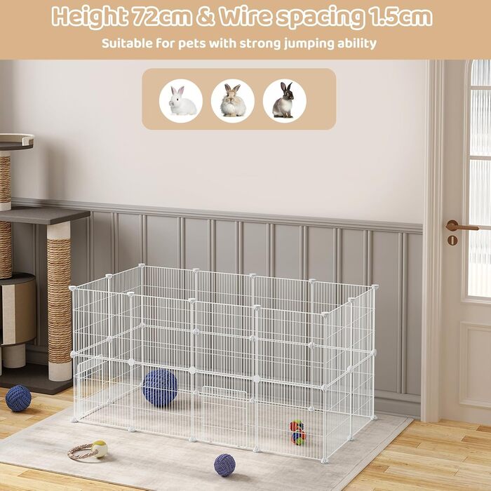 Клітка для кроликів та інших дрібних тварин EUGAD з дверцятами, розширювана, 142x72x36 см, міцний метал, проста збірка, білий колір