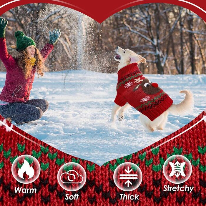 Пуловер для собак SlowTon на Різдво з оленем - теплий зимовий костюм для маленьких та середніх собак, червоно-білий (M)