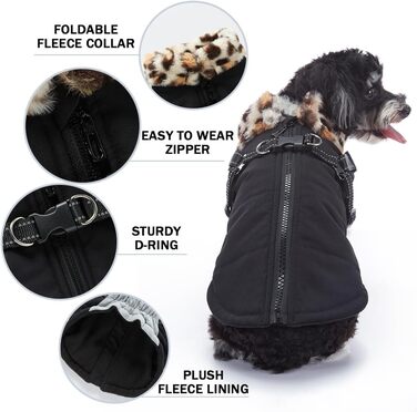 Зимова куртка для собак з інтегрованим шлейкою, водо- та вітронепроникна, теплий одяг для цуценят та собак середніх розмірів для активного відпочинку (ЧОРНИЙ, XXL)