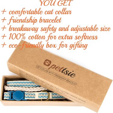 Нашийник для кота Pettsie з безпечною застібкою та браслетом дружби, міцна бавовна, D-подібне кільце для аксесуарів, регульований розмір 19-29 см, блакитний