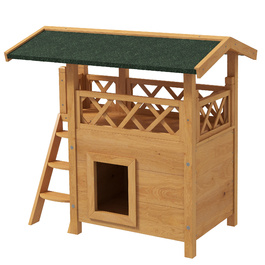PawHut Cat House 2-поверховий з асфальтовим дахом і балконом, вілла для кішок з масиву дерева зі сходами, натуральна, 77x50x73см| Аосом