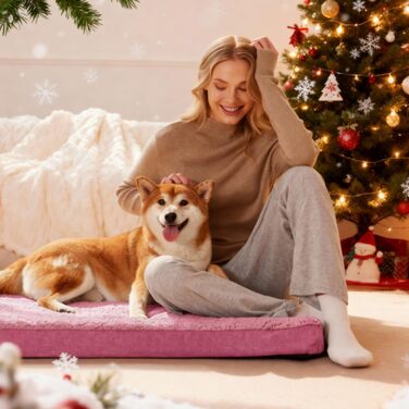 Ортопедичне ліжко для собак Patas Lague, велике, 91,4 x 61 см, м'яке, водонепроникне, з піною, знімний, пральний чохол, антиковзаюча підставка, рожевий колір, розмір L:36x24x3.5 IN