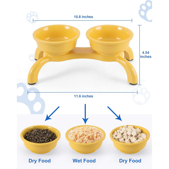 Набір мисок для котів з підняттям 2 шт. - Незламні миски для котів, автоматичне годування з меламіну, миється в посудомийній машині, широка основа з протиковзкими ніжками, миски, зручні для вусів, жовті Double