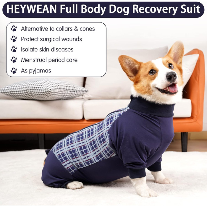 Корпусний костюм для собак після операції Heywean з блискавкою, блакирий в клітинку. Підходить для собак після кастрації, для собак після операції, ергономічний костюм для відновлення.
