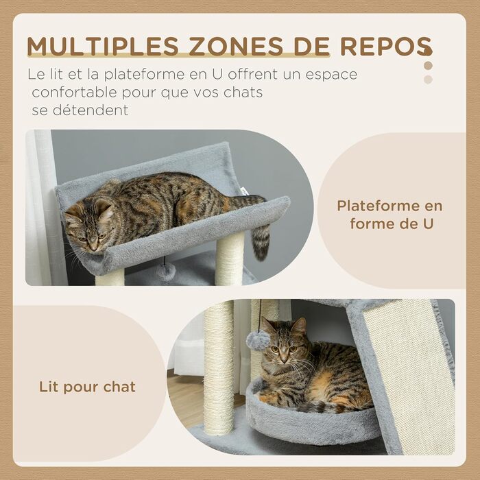 Котячий комплекс PawHut Cosy Chic, багатофункціональний, дерев'яний когтеточка, ігровий центр з лежаком, платформами, іграшкою, сірий, 60x30x76 см