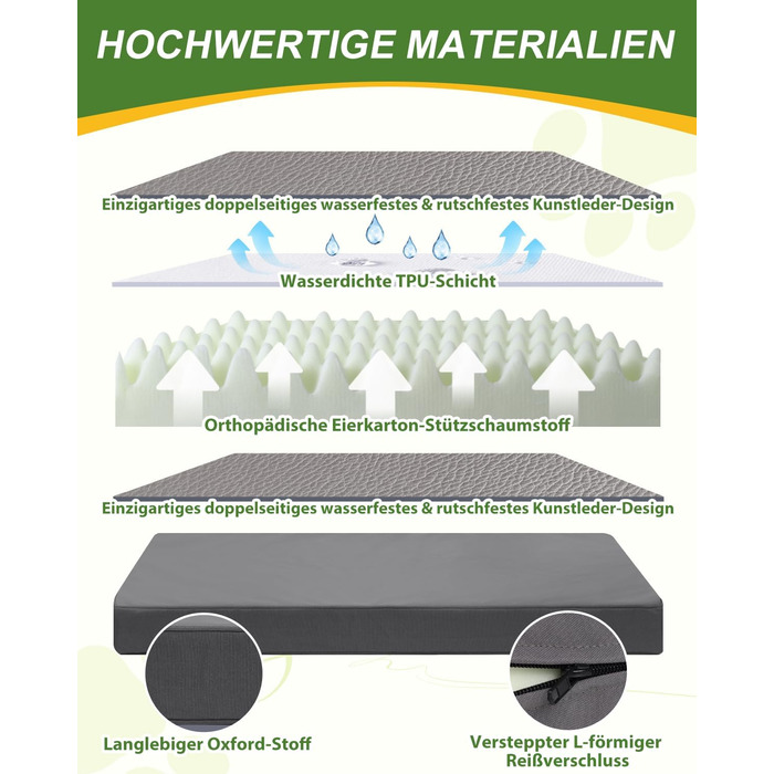 Ортопедичне ліжко для собак Favodormir, великі породи, 104x68 см, знімний чохол з екошкіри, комфортне та прохолодне для дому та вулиці, сірий колір