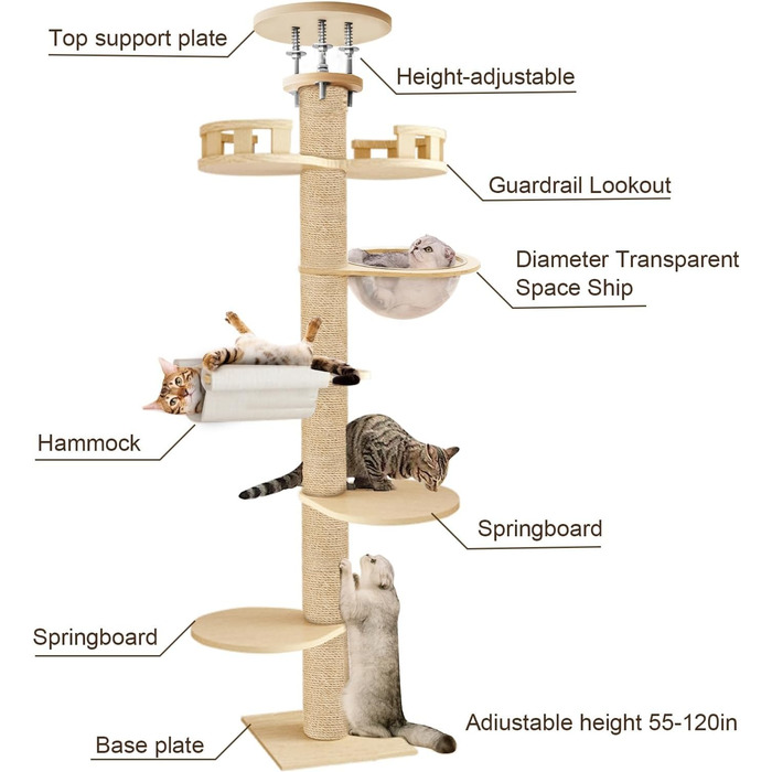 Кігтеточка для котів Katzenbaum висотою 3 м, 6 рівнів, з оглядовим майданчиком та гніздом, для великих котів, активний комплекс для дому та саду