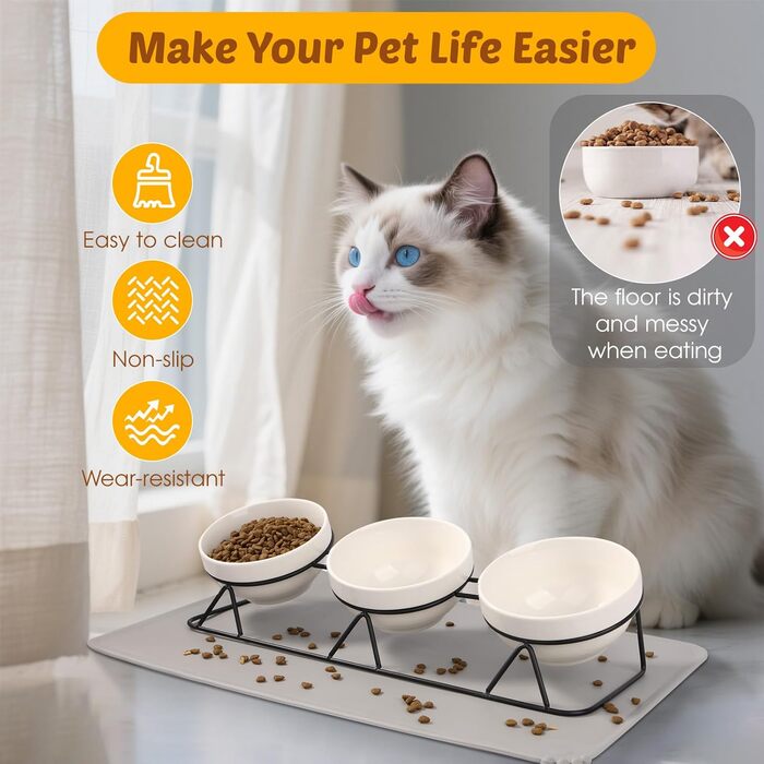 Набір мисок для котів Vikcvcs (3 шт.) з підставкою, кераміка, силікон, 15° нахил, ергономічні, для котів та маленьких собак