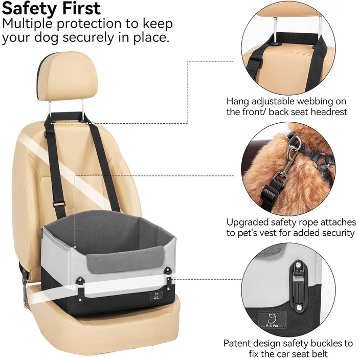 Автокрісло для собак - сіре, для маленьких собак, з кріпленням на ремінь, складне, для заднього або переднього сидіння
