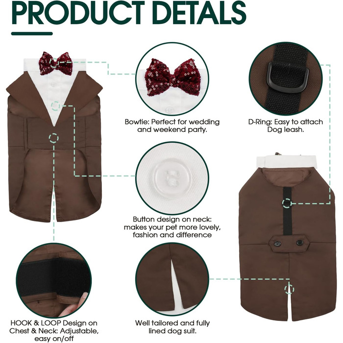 Костюм для собак Kuoser з банданою та краваткою, теплий халат для собак, костюм для цуценят, набір для святкування вечірки, Хелловін, день народження, S-XXL, M-довжина спини: 35 см (L--довжина спини: 42 см, Колір: Коричневий)