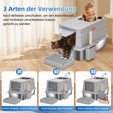 Великий котячий туалет з кришкою KMNSUN XXL, 30 л, з нержавіючої сталі, з двофільтровою системою та совком, високий бортик, не протікає, сірий
