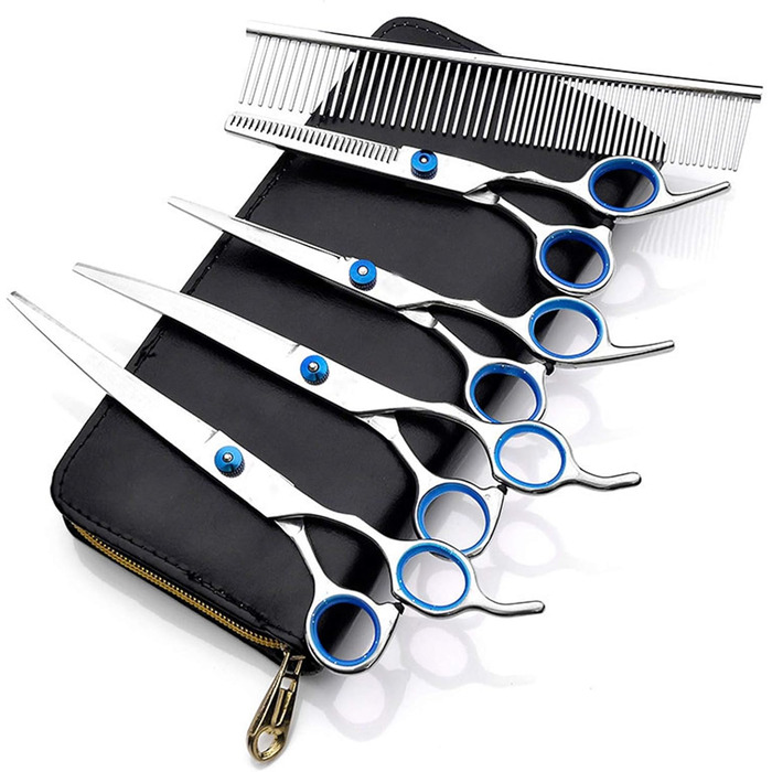 Професійний набір ножиць для грумінгу собак з нержавіючої сталі, 7.0 дюймів. Набір для догляду за тваринами: прямі, вигнуті ножиці, витончувач, гребінець для довгого та короткого волосся собак/кішок/домашніх тварин