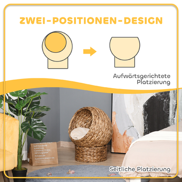 PawHut Ротанг Cat Cave Cat лежак з водяною гіацинтовою подушкою 50x42x60см світло-коричневого кольору для затишного відпочинку
