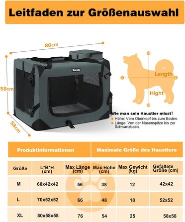 Кія для собак XL 81x58x58 см, складана переноска для собак та котів, сіра. В комплекті миска для їжі та води. Ідеально для подорожей та транспортування тварин