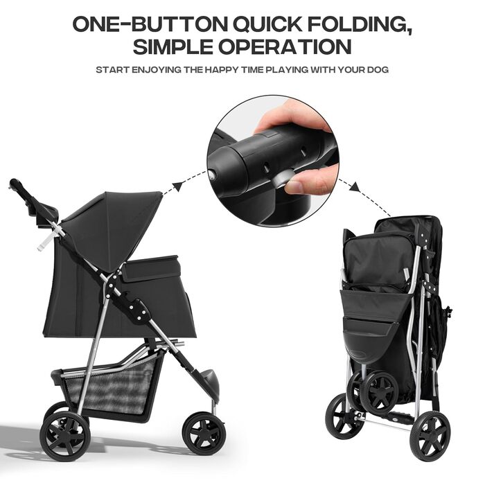 Візок для тварин: для собак та котів, 3 колеса, складаний, з кошиком та тримачем для напоїв, карбоновий чорний