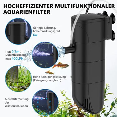 Внутрішній фільтр для акваріума fishkeeper 6W, регульований потік 400 л/год, триступенева система очистки з вугіллям та губкою, для акваріумів до 200 л