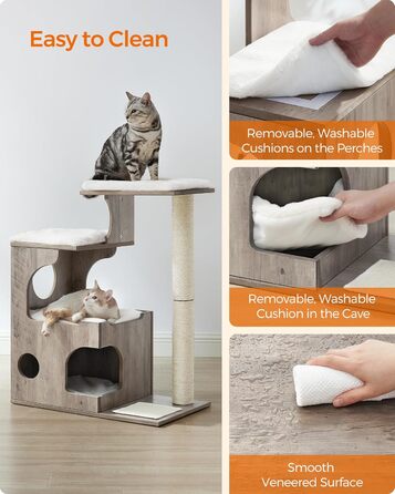 Котячий комплекс Feandrea WoodyWonders UPCT070G01, 86 см, сучасний котячий будинок-турнікет з 3 сидіннями, кігтеточка, мат, будиночок, 4 знімні пральні подушки, сіро-білий