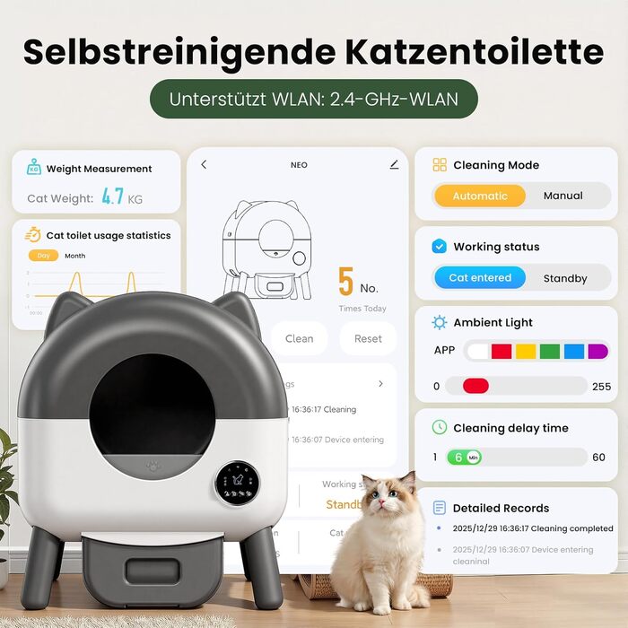 Автоматичний лоток для котів з самоочищенням 65л, 9 сенсорів, керування через додаток, захист від защемлення (сірий)