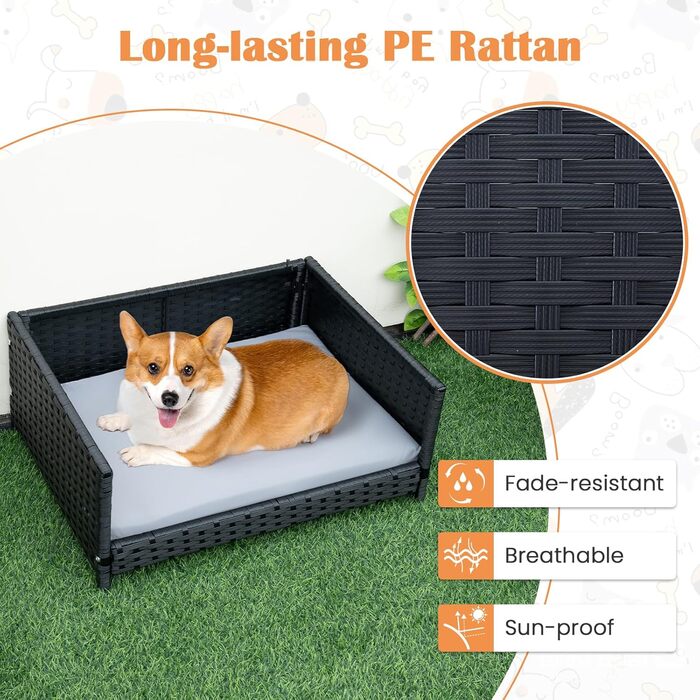 Собаче ліжко SOARS з ротангу, кошик для собак з подушкою, знімний та пральний чохол, підняте собаче ліжко для маленьких та середніх собак, диван для собак для дому та на вулицю, 62 x 46 x 25 см