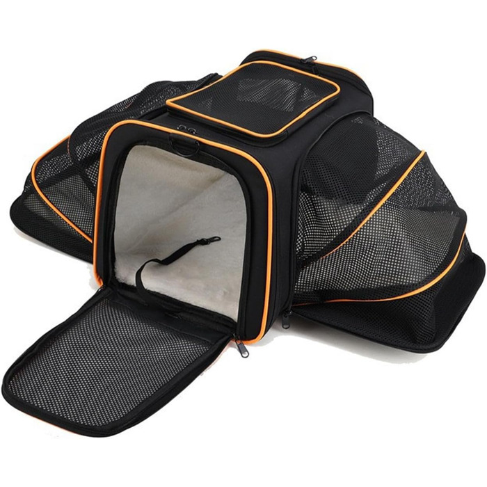 Транспортна сумка для котів та собак PETCUTE, складана переноска для тварин з підкладкою, шлейкою, дихаюча сумка для автопоїздок, чорно-помаранчевий колір