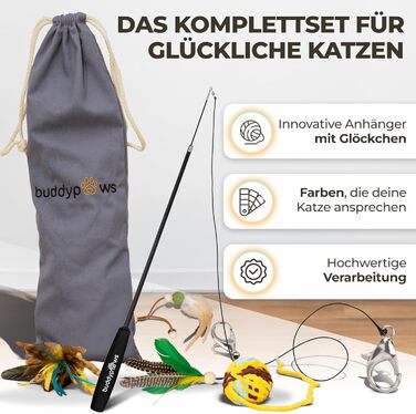 BuddyPaws® Паличка-пір'їна для котів Stabil – Інтерактивна іграшка з 4 пір'ями та котячою м'ятою, висувна 42-104 см, гнучка, з запасним шнуром, аксесуари для котів