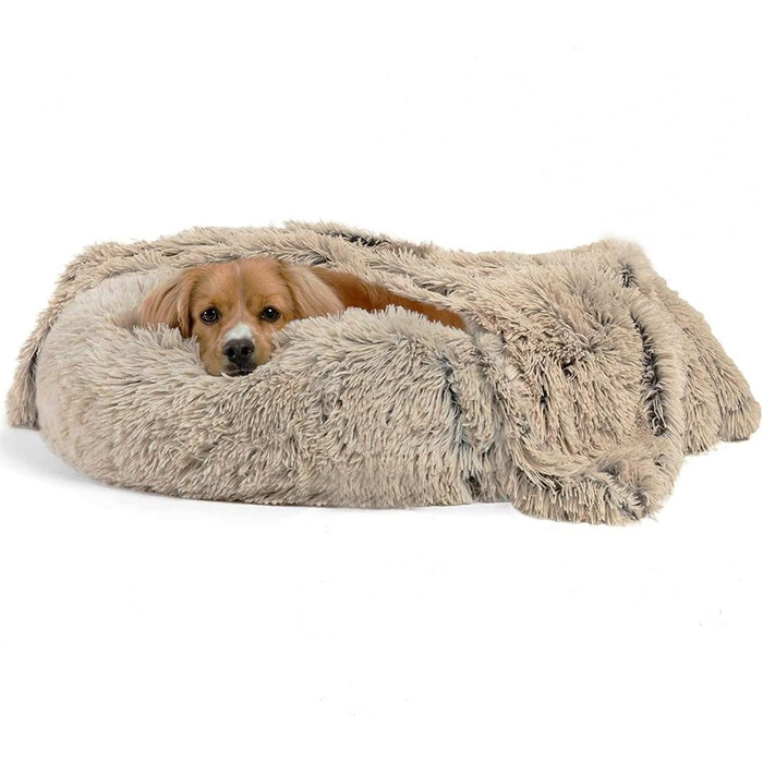 Заспокійнельне ліжко для собак, Donut-дизайн, плюш, з блискавкою, придатне для прання в машині, ліжко для маленьких тварин, собак, котів, кошенят та цуценят, 50 см (XL /80 см, Бежевий)