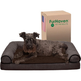 Собаче ліжко Furhaven середнє з ортопедичною піною, шеніл і шерпа, диван, знімний і праний чохол, коричневе
