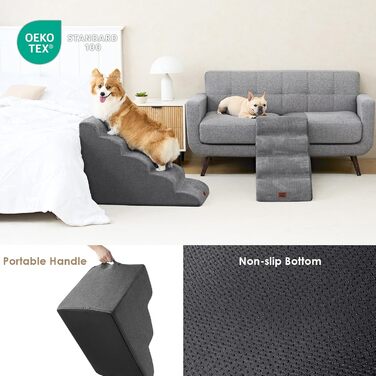 Сходинки для собак EHEYCIGA: 57 см, 5 сходинок, сірий колір. Підходять для маленьких собак, зручні для доступу до диванів та ліжок. Матеріал: високощільний губчастий матеріал, знімний та миючий чохол, антиковзне покриття. Розміри: 83.8 x 40 x 57 см.