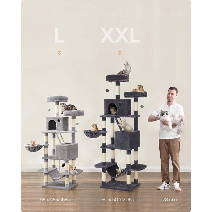 Високий когтеточка-комплекс Feandrea: ігровий центр з лежаком та стовпчиком для кігтів, 161 - 220 см