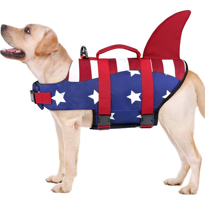 Жилет для плавання собак Malier, Ripstop, американський прапор, для собак малих, середніх та великих порід, для плавання, катання на човнах, блакитний та червоний