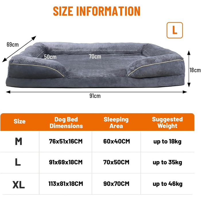 Ортопедичне ліжко для собак, корзина для собак, м'яка підстилка, диван для собак, подушка для собак, корзинка для собак з високим бортиком, знімний та пральний чохол, 91 x 69 x 18 см, неслизьке дно