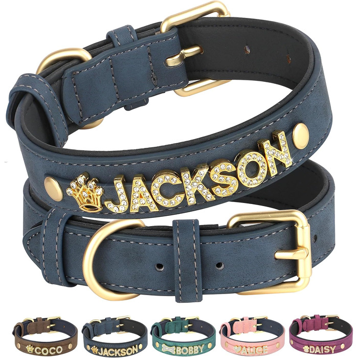 PET ARTIST Персоналізоване шкіряне собаче намисто з кристалами та іменними літерами, блискуче собаче намисто зі стразами для собак маленьких, середніх та великих порід, обхват шиї 33-43 см (обхват шиї для собак 20-25 см, блакитне)