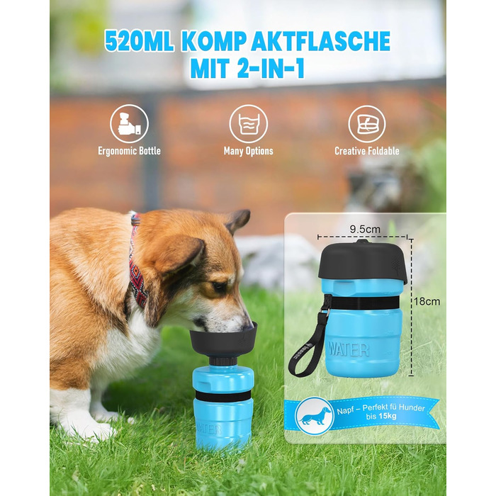 Складана пляшка для води для собак Lesotc, 520 мл, блакитна - для прогулянок, подорожей, кемпінгу