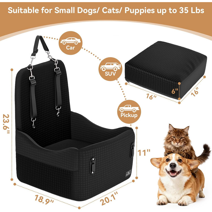 Автокрісло для собак PETSFIT до 15 кг – безпечне, з пам'яттю, 2 відділення, чорний/сірий