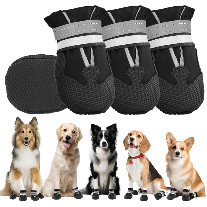 4 шт. собачі черевики, захист лап, водонепроникні собачі чоботи з світловідбиваючими ременями, регульовані, миючі, захисники лап для маленьких, середніх та великих собак, чорний