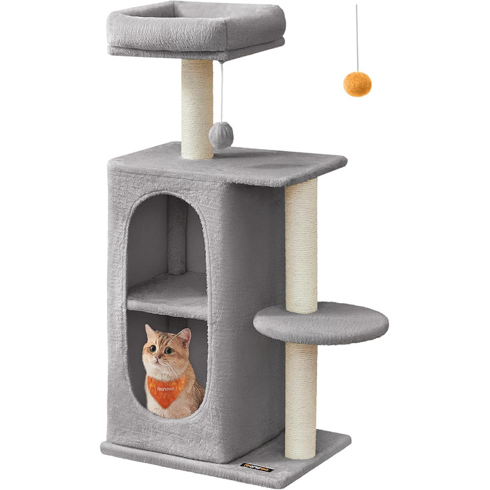 Дряпка для котів Feandrea, кігтеточка з 2 будиночками, кігтешліфувальні стовпчики, для багатокотових родин, кошенят, світло-сіра PCT005G01