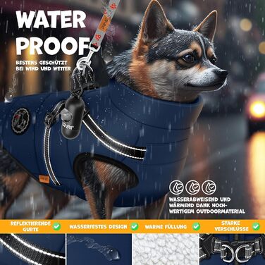 LOVPET® Зимова куртка для собак 4XL, водонепроникна, утеплена, з вбудованим шлейкою, рефлекторами та D-кільцем, темно-синя, у комплекті 45 пакетів для прибирання та диспенсер