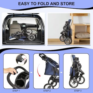 Візок для собак та котів, до 30 кг, складний, з тримачем для напоїв та захистом від дощу, блакитний