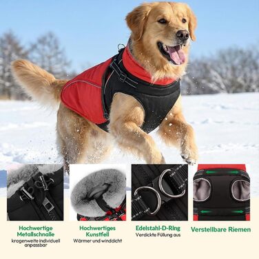 Зимовий теплий одяг для собак: флісова куртка-жилет для собак середніх розмірів (M, обхват грудей 53 см), червона, з кріпленням для повідка та світловідбиваючими елементами