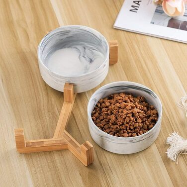 Миски для собак SP SEMPRE з кераміки з бамбуковими підставками, набір з двох мисок (13,5 см, білий мармур)