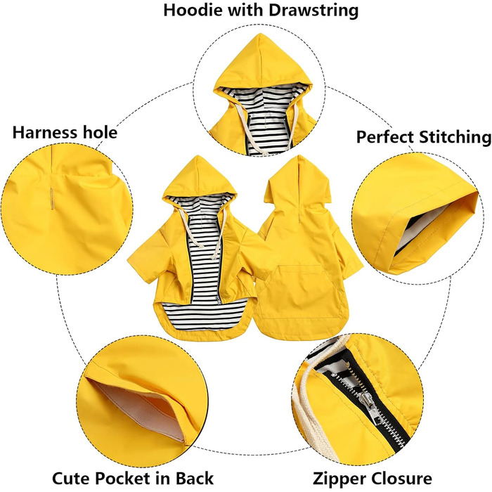 MOREZI Водонепроникний дощовик для собак з захистом лап та міцною капюшоном - Легкий для активного відпочинку - Для маленьких/середніх порід собак - На блискавці, регульований шнурок, жовтий, L (Обхват грудей: 60-69 см), сонячний жовтий