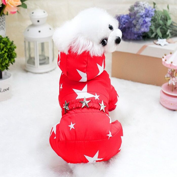 Зуена Зимовий теплий костюм для собак з капюшоном, флісовою підкладкою та зірковим поясом. Водонепроникний костюм для собак, теплий одяг для собак, худі, комбінезон для котів, цуценят, чихуахуа. Розмір L (спинка 30 см, груди 42 см), червоний