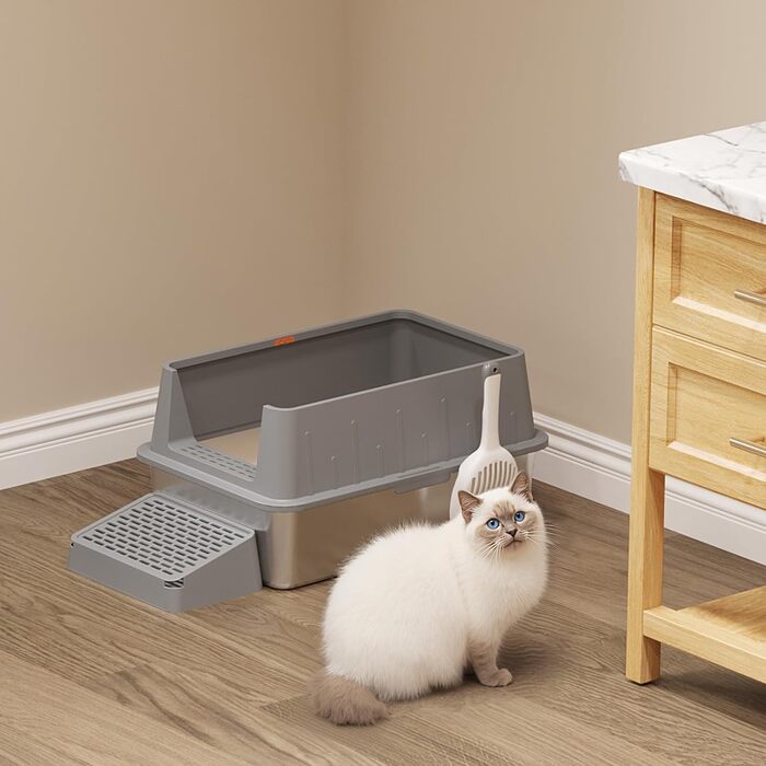 Лоток для котів Lifewit 28L з нержавіючої сталі, відкритий, 60x40x30 см, з лопаткою та педалем, сірий. Лоток для котів XXL, великий, без кришки, для великих котів, для вітальні, спальні