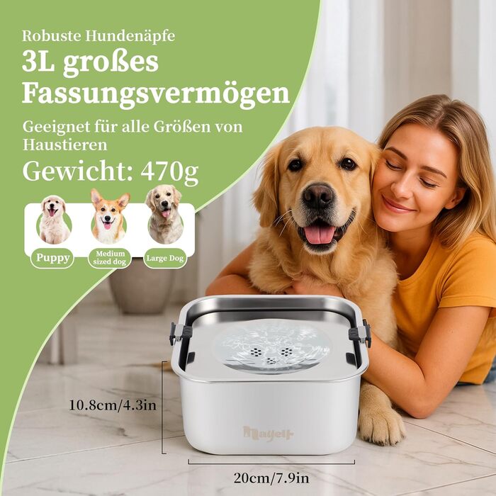 Миска для собак Nayelf 3L без обливання, з нержавіючої сталі 304, з антиковзним дном, для великих та середніх собак, придатна для миття в посудомийній машині